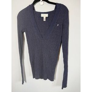 Y2K American Eagle Angora Blend Sweater Size S Blue V-Neck Hooded Cable Knit
